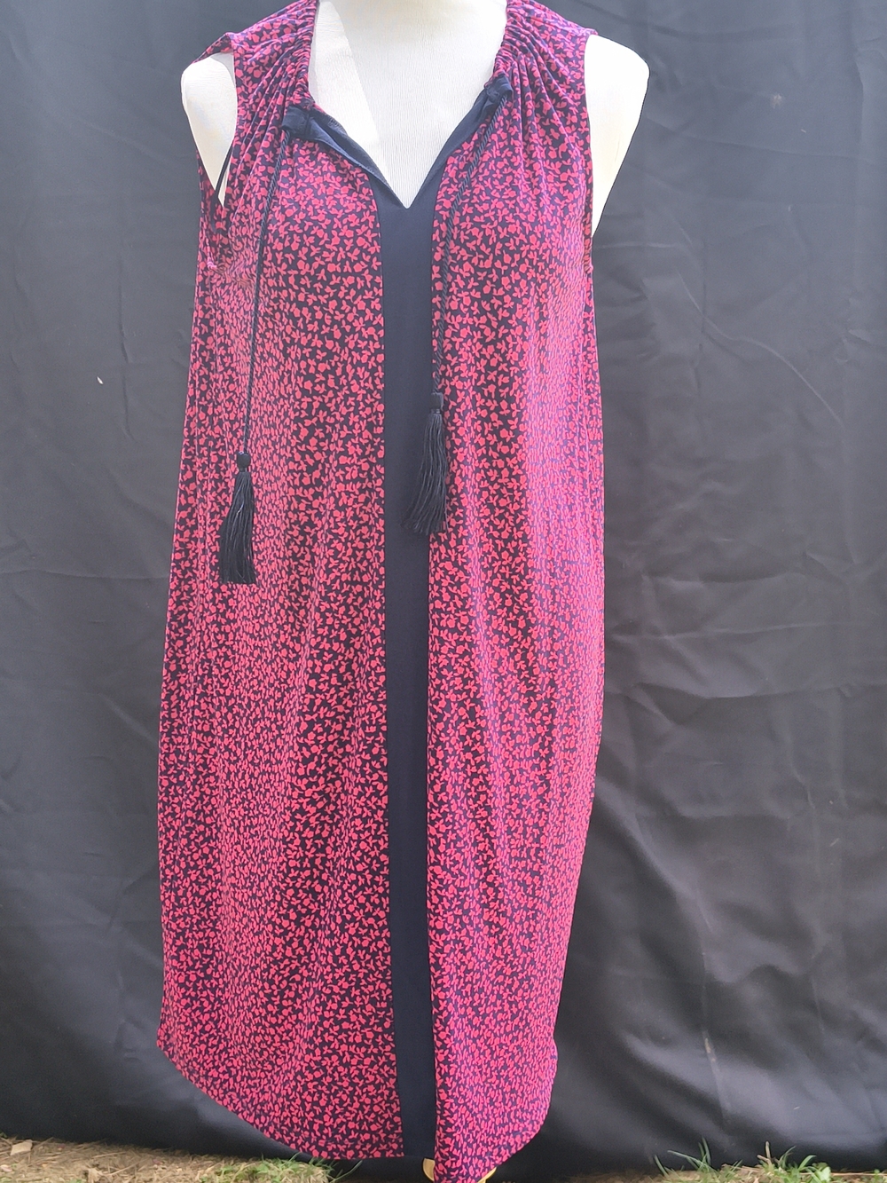 Michael Kors Pink and Navy Blue Tassel-Front Sleeveless Midi Dress